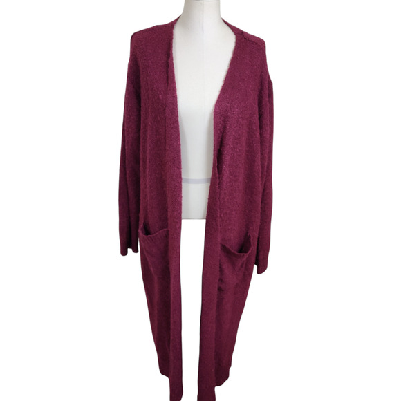 Ashley Stewart Sweater Women's 26/28 Burgundy Long Cardigan Open Front Pockets - Picture 1 of 14